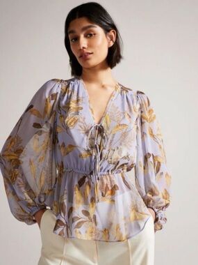 Ted Baker NWT Lilac Sheer Blouse with Metallic Gold Botanical Print